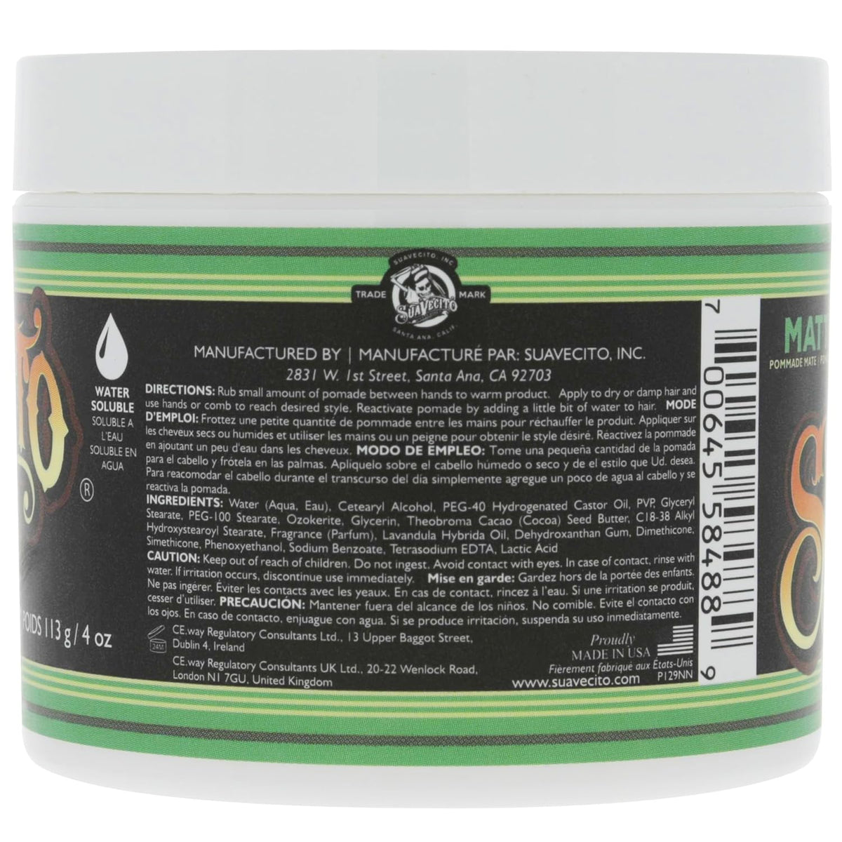 Suavecito Pomade Matte (No Shine) Formula - 4 oz
